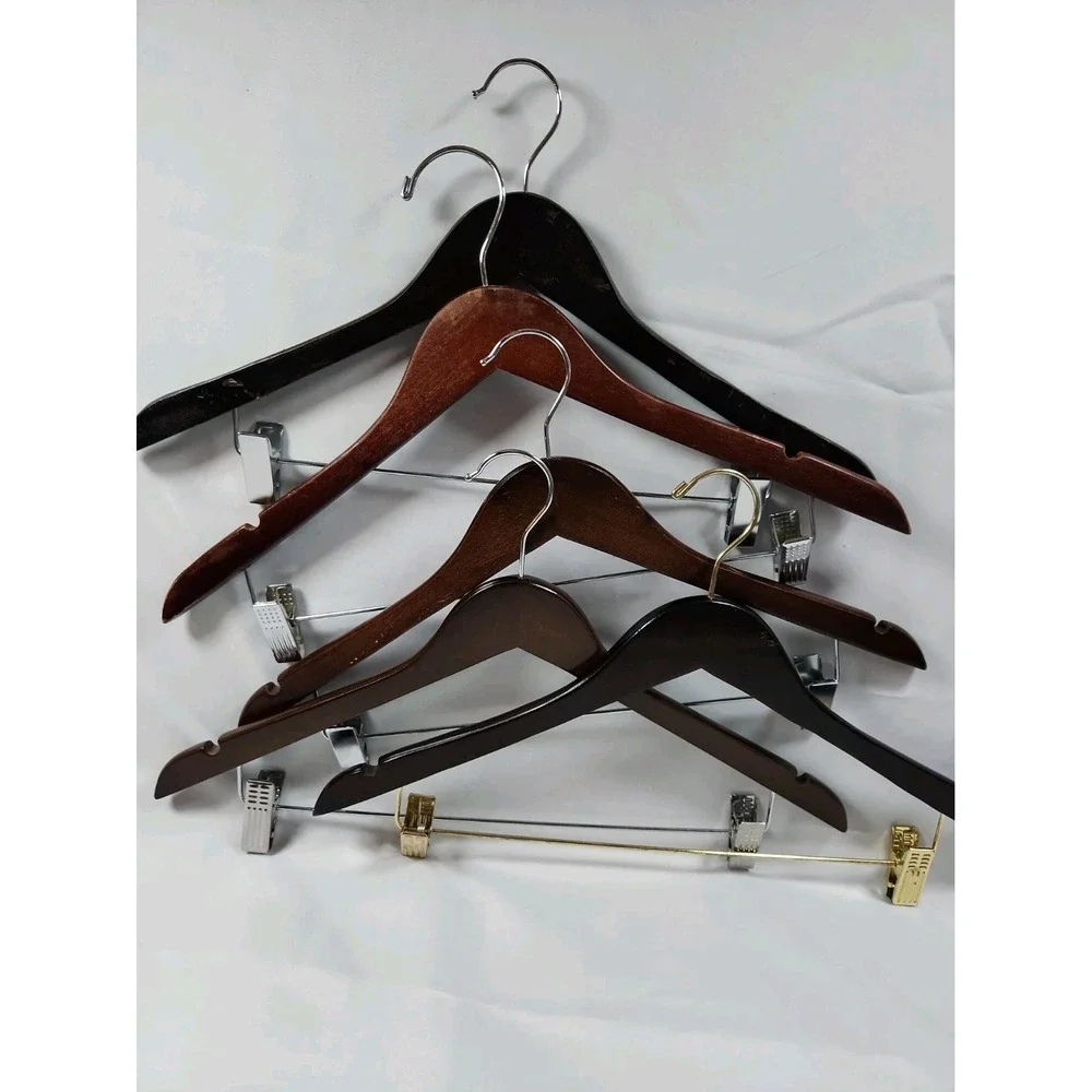 Lot of 5 Wooden Suit Hangers with Adjustable Clips For Pants Skirts Dark Wood